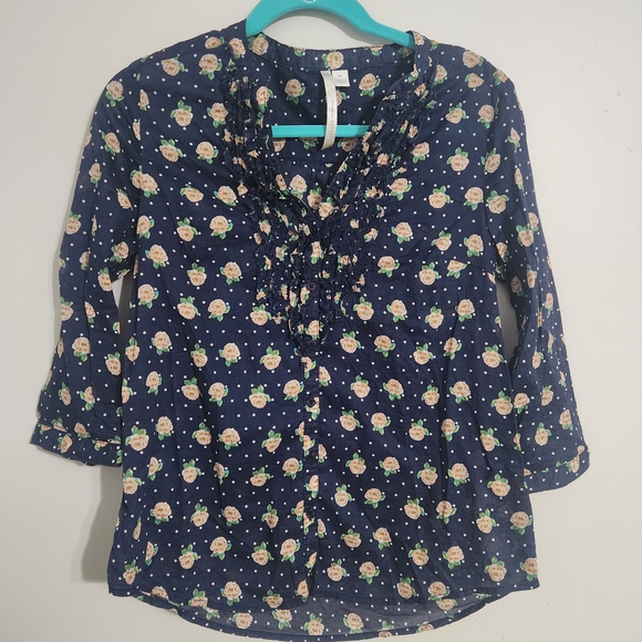 LC Lauren Conrad Tops - LC Lauren Conrad Navy Floral Blouse 3/4 Length Sleeves, size M
